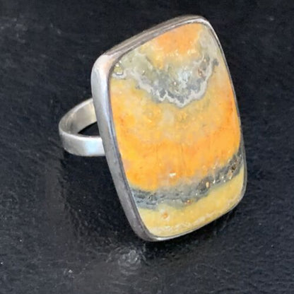 Navajo Yellow Bumble Bee Jasper Ring | Sterling Silver | Sz 8 Adjustable | Authentic Native American Handmade | 14015