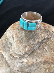 Navajo Turquoise Inlay Sterling Silver Thumb Ring | Sz 14 | Handmade Southwestern