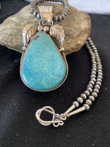 Blue Kingman Turquoise Pendant | Sterling Silver Navajo Pearls Men's Necklace 21" | 808
