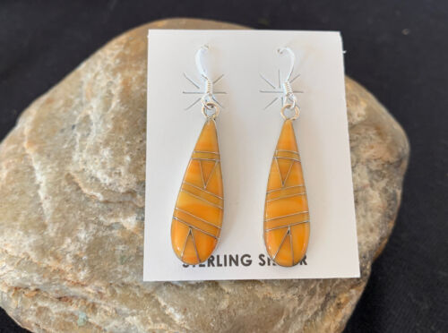 Navajo Orange Spiny Oyster Inlay Earrings | Sterling Silver | 1.5" | Authentic Native American Handmade | 976