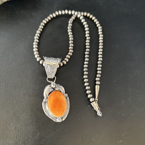 Navajo Orange Spiny Oyster Pendant Necklace | Sterling Silver | Authentic Native American Handmade | 14682