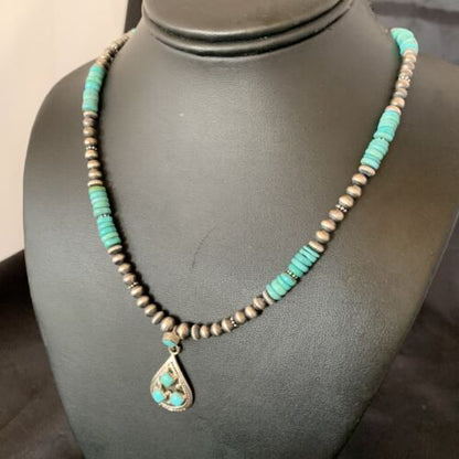 Navajo Men's Navajo Pearls Necklace | Authentic Native American Sterling Silver | Blue Kingman Turquoise Pendant | Multi-Stone | 12475