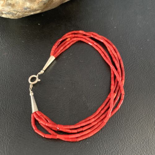 Handmade Liquid Silver 5-Strand Red Apple Coral Heishi Bracelet | Sterling Silver | 7.5" | 13610