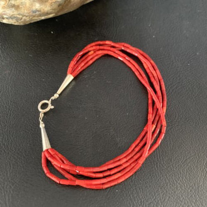 Handmade Liquid Silver 5-Strand Red Apple Coral Heishi Bracelet | Sterling Silver | 7.5" | 13610