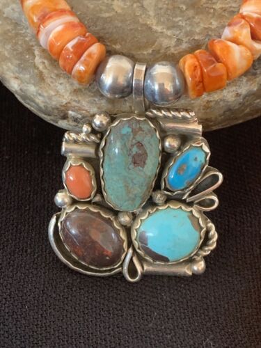 Navajo Green Turquoise and Spiny Bead Pendant Necklace | Sterling Silver | Authentic Native American Handmade | 00575