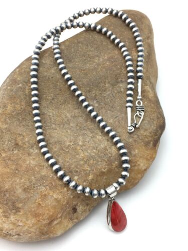 Navajo Red Spiny Oyster Pendant Necklace | Sterling Silver | Authentic Native American Handmade | 4414