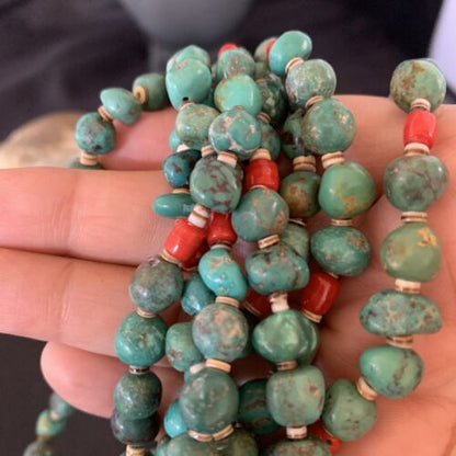 Men's Santo Domingo Blue Turquoise Coral Necklace | 36" Bead Nugget | Authentic Native American Handmade | 13185