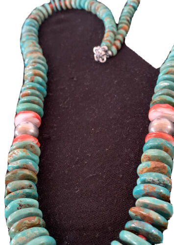 Navajo Necklace | Green Turquoise & Spiny Oyster | Sterling Silver | Authentic Native American | 28" Graduated | 1088