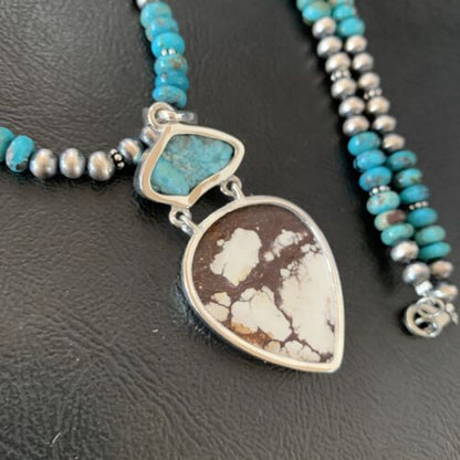 Men's Navajo Pearl Necklace Pendant | Sterling Silver | Blue Turquoise & Wild Horse Multi-Stone | 11756