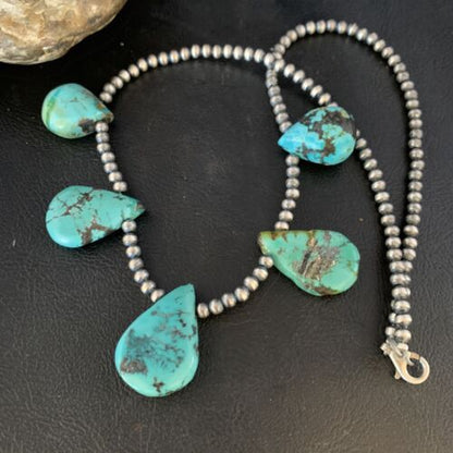 Navajo Teardrop Blue Turquoise Necklace | Sterling Silver Pearls | 20" | Authentic Native American | 13965