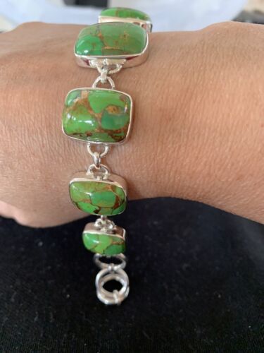 Navajo Green Mojave Turquoise Link Bracelet | Sterling Silver | 8.5" | Authentic Native American Handmade | 662