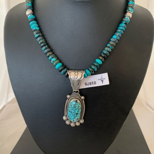 Men's Navajo Spiderweb Kingman Turquoise Pendant Necklace | Sterling Silver | Native American Handmade | 01975