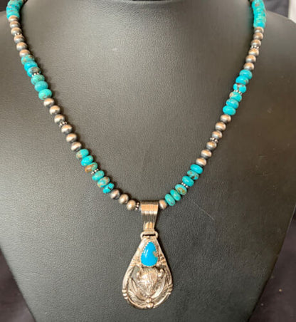 Navajo Pearl Necklace with Blue Turquoise Bullhead Pendant | Authentic Native American Sterling Silver | Multi-Stone | 11755