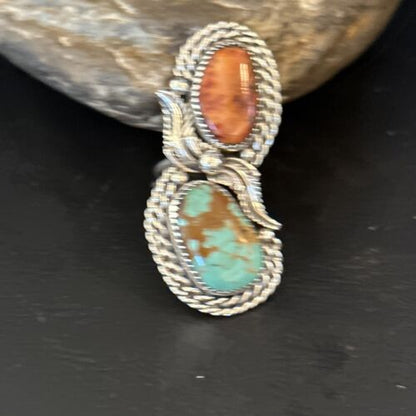 Navajo Women's Turquoise Spiny Oyster Multi-Stone Ring | Authentic Native American Sterling Silver | Multi-Stone | Sz 7.5 | 14489