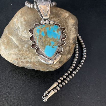 Men's Kingman Blue Turquoise Necklace | Sterling Silver | 3" Pendant | Authentic Native American Handmade | 13995