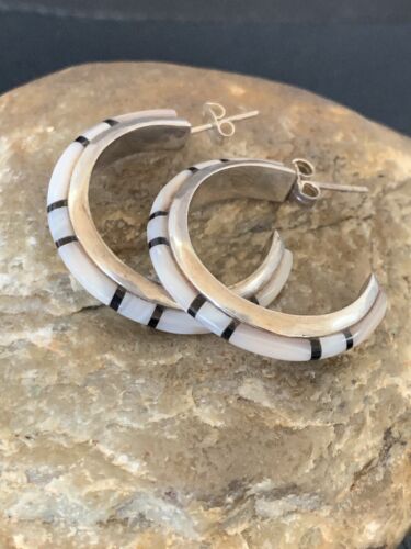 Navajo Pink Mother of Pearl and Onyx Inlay Hoop Earrings | Sterling Silver | Authentic Native American Handmade | 12674