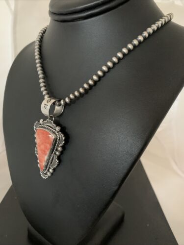 Navajo Red Spiny Oyster Pendant with Sterling Silver Pearls Necklace | Authentic Native American Handmade | 01657