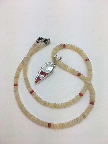 Native American Opal & Coral Beads Inlay Necklace | Sterling Silver | 8911