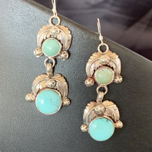 Navajo Blue Green Dry Creek Turquoise Dangle Earrings | Sterling Silver | Authentic Native American Handmade | 1485