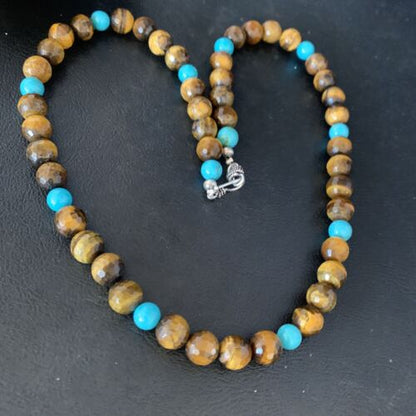 Navajo | Sterling Silver Necklace | Brown Tiger's Eye & Blue Turquoise | 20" | Authentic Native American Handmade | 13895