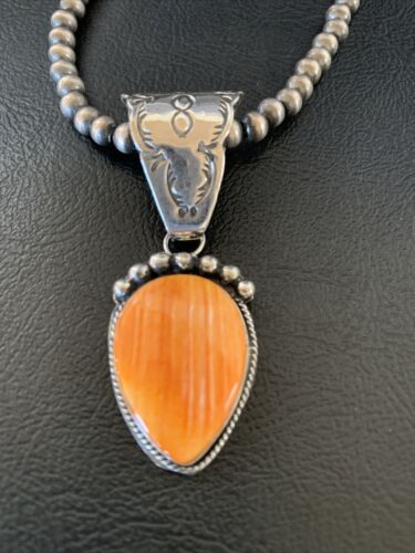Navajo Orange Spiny Oyster Pendant Necklace | Sterling Silver | Authentic Native American Handmade | 13078