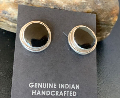Navajo Black Onyx Stud Post Earrings | Sterling Silver | 0.5" | Authentic Native American Handmade | 12642