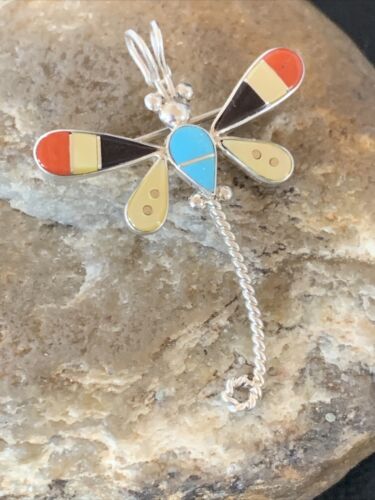 Zuni Turquoise Yellow Mother of Pearl Inlay Dragonfly Necklace Pin Pendant | Sterling Silver | 12323