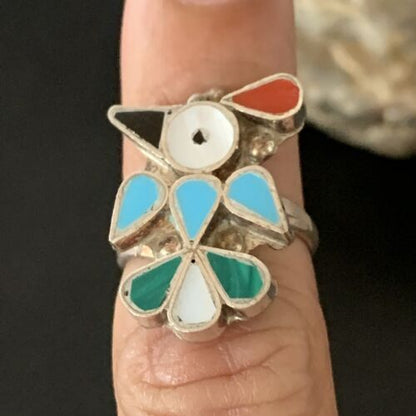 Zuni Peyote Bird Ring | Sterling Silver Coral Turquoise Onyx Mother of Pearl Inlay | Sz 5 | 10213 - Masha USA