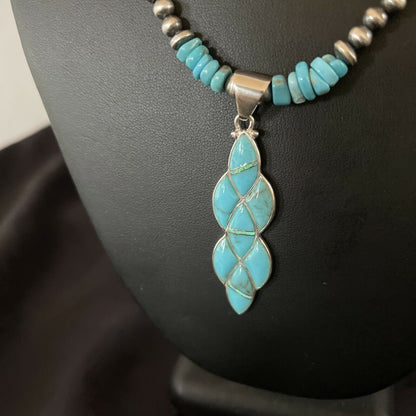 Authentic Native American Navajo Sterling Silver Pendant | Blue Turquoise & Opal Inlay Necklace | 11329
