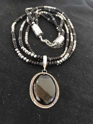 Navajo Pearls Black Onyx Pendant Necklace | Sterling Silver | 3 Strand| 23" | 8143