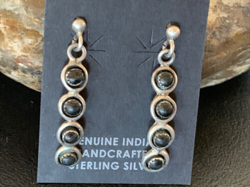Navajo Multi-Stone Black Onyx Drop Earrings | Sterling Silver | 1.25" | 12649