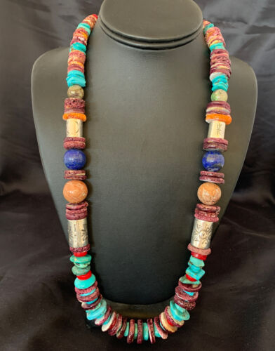 Navajo Turquoise Spiny Oyster Coral Lapis Necklace | Sterling Silver | 24" | 10824