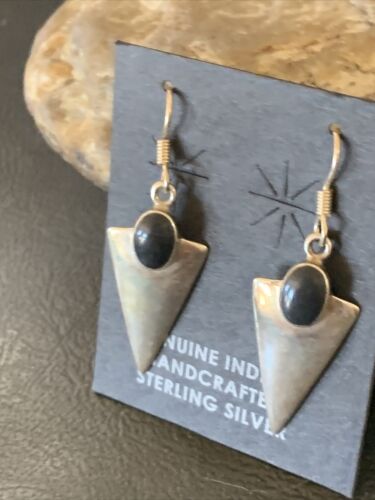 Navajo Black Onyx Drop Dangle Earrings | Sterling Silver | 1" | Authentic Native American Handmade | 12645
