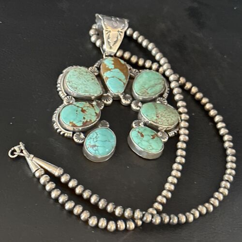 Navajo Blue #8 Turquoise Squash Blossom Necklace Pendant | Authentic Native American Sterling Silver | Naja | 14355