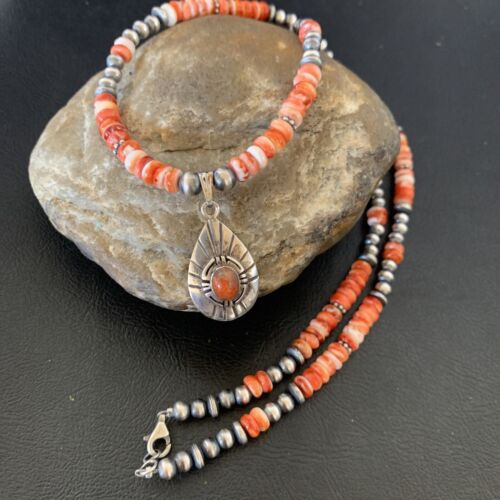 Navajo Pearl Necklace with Red Apple Coral & Spiny Oyster Pendant | Sterling Silver | 12373