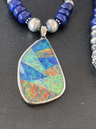 Men's Sterling Silver Necklace | Blue Lapis Bead | Opal Inlay Pendant | 10583