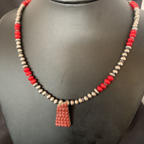 Navajo Red Coral Corn Inlay Necklace Pendant | Sterling Silver | 21" | Authentic Native American Handmade | 12587