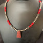 Navajo Red Coral Corn Inlay Necklace Pendant | Sterling Silver | 21" | Authentic Native American Handmade | 12586