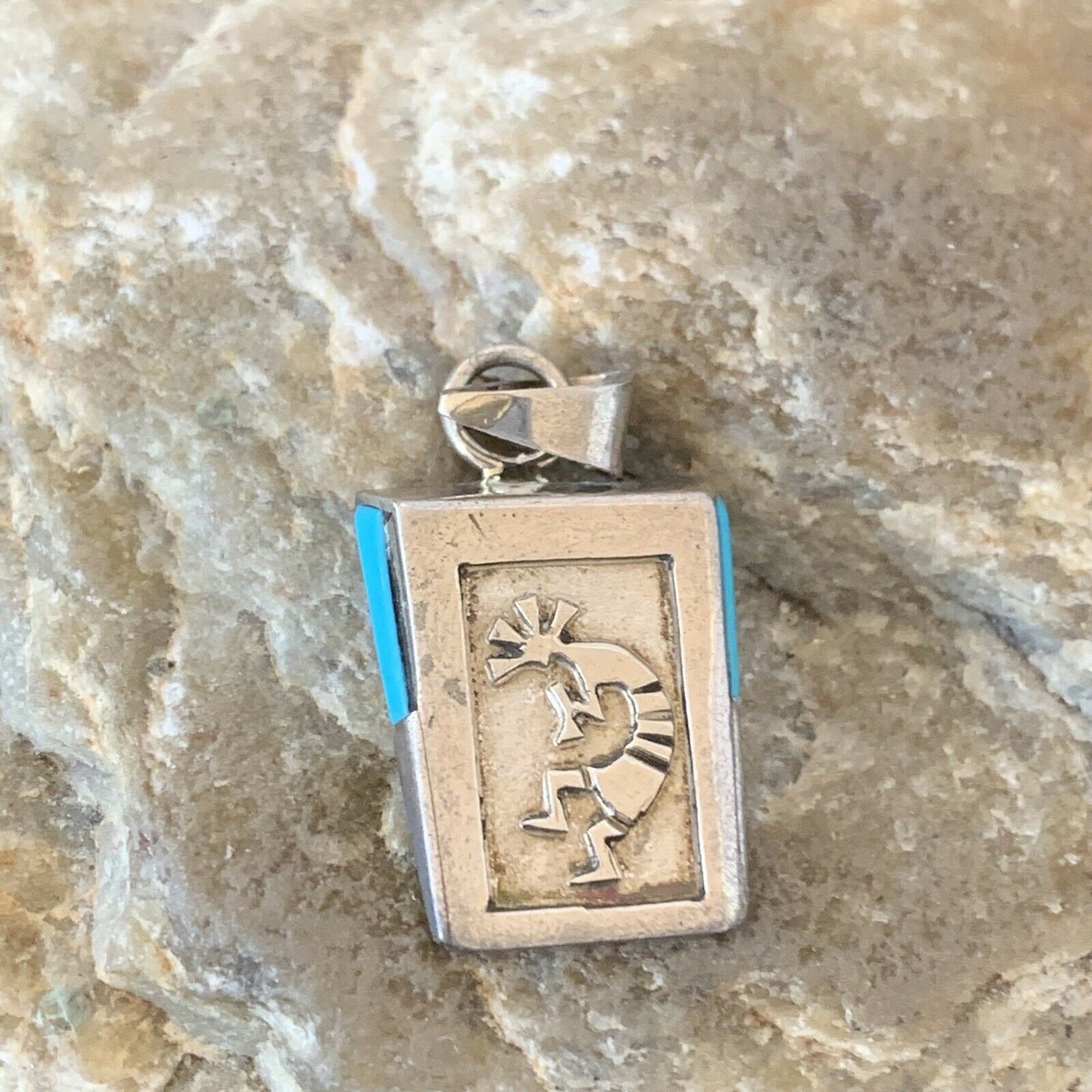 Navajo Kokopelli Stamp Turquoise Pendant | Sterling Silver | Authentic Native American Handmade | 10959