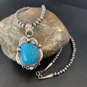 Men's Navajo Pearls Necklace with Blue Kingman Turquoise Pendant | Sterling Silver | Native American Handmade | 12593