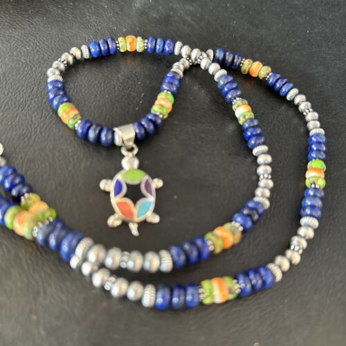 Navajo Green Turquoise and Lapis Inlay Pendant Necklace | Sterling Silver | Authentic Native American Handmade | 14616