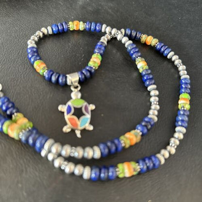 Navajo Green Turquoise and Lapis Inlay Pendant Necklace | Sterling Silver | Authentic Native American Handmade | 14616