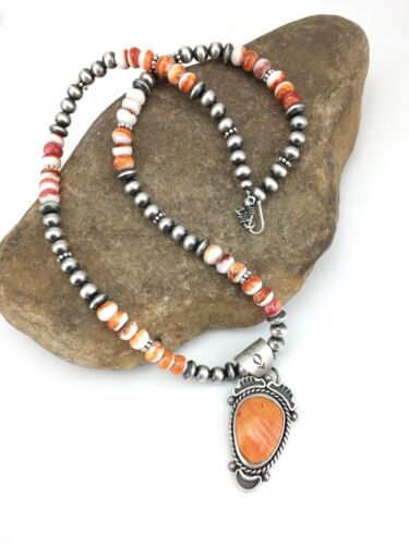 Southwestern Orange Spiny Oyster Necklace | Sterling Silver Pendant | 22" | 1241