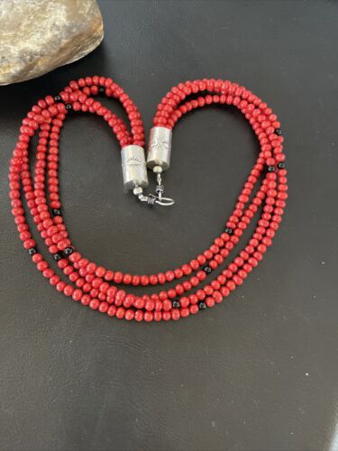 Native American Navajo Red Coral Onyx Necklace | Sterling Silver | 10302