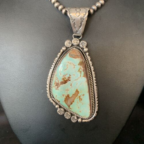 Blue Royston Turquoise Pendant Necklace | Sterling Silver | 3.5" | Authentic Native American Handmade | 13939