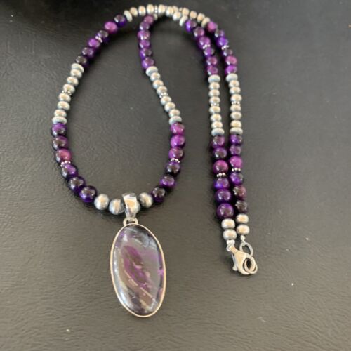 Navajo Pearls Purple Sugilite Onyx Necklace Pendant | Sterling Silver | Authentic Native American Handmade | 13392