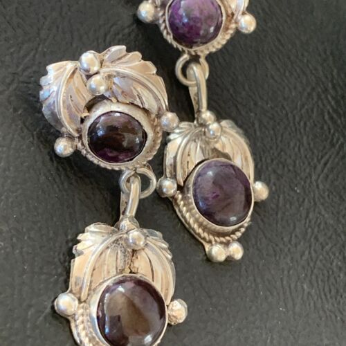 Navajo Purple Sugilite Post Dangle Earrings | Sterling Silver | Authentic Native American Handmade | 1590