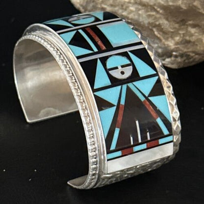 Zuni Sun Face Cuff Bracelet | Blue Turquoise & Coral Inlay | Sterling Silver | 14587