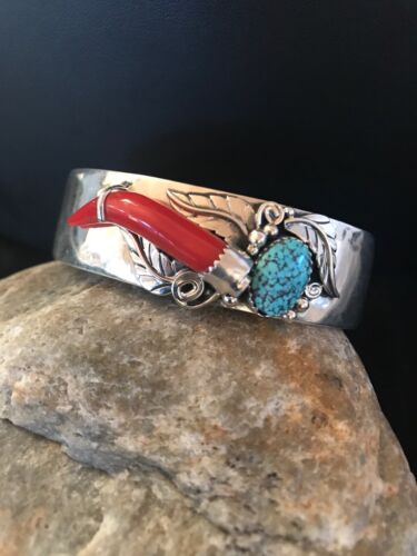 Navajo Spider Web Turquoise Coral Bracelet | Sterling Silver | Authentic Native American Handmade | 11716
