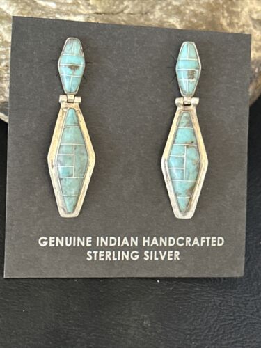 Navajo Blue Turquoise Inlay Earrings | Sterling Silver | 1" | Authentic Native American Handmade | 14775